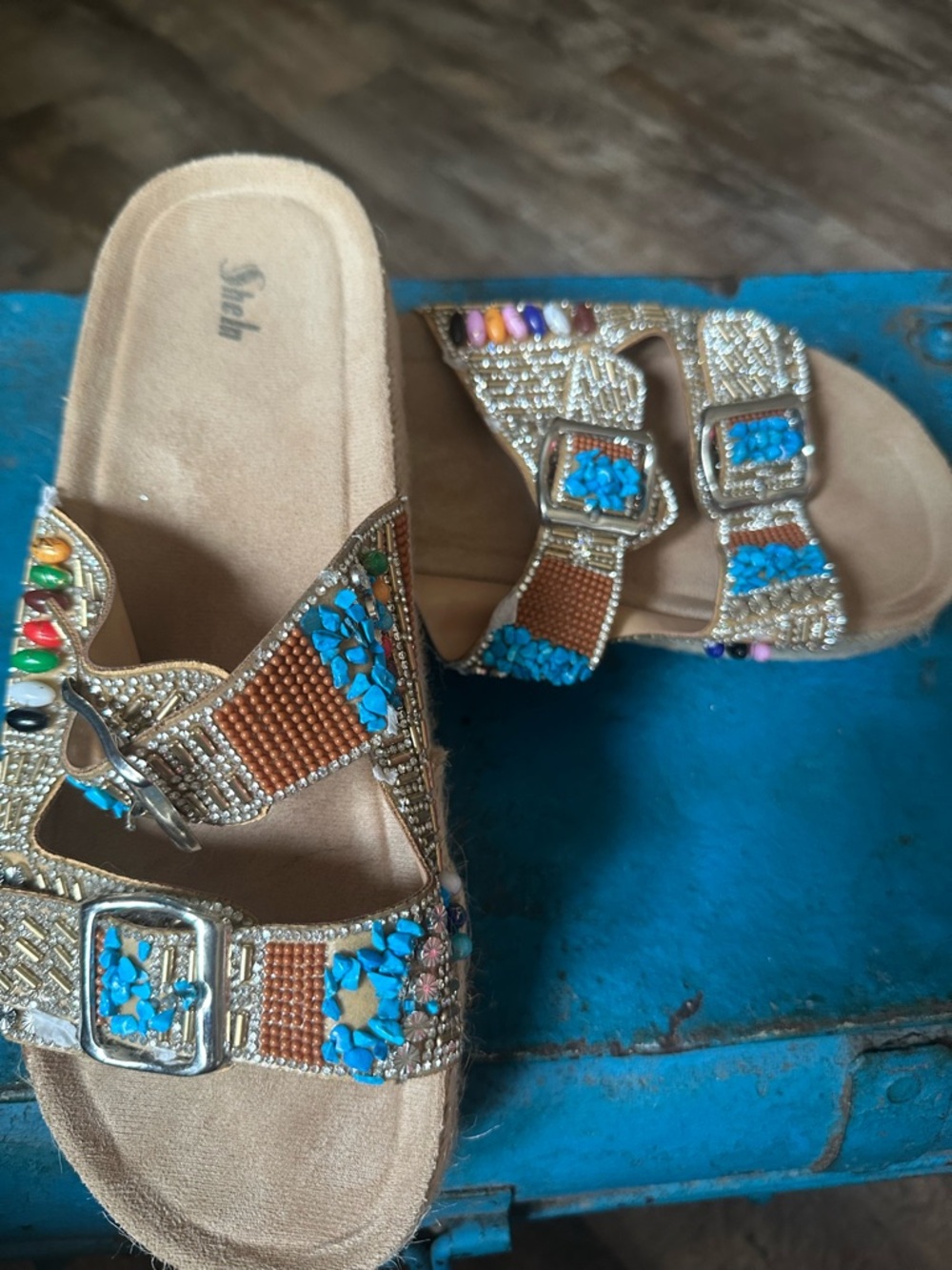 SHEIN Gold Beaded Slide Sandals with Turquoise and Multicolor Accents